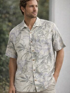 Tommy Bahama 100% Silk Tropical Floral Shirt Mens M Gray Cream Button Up